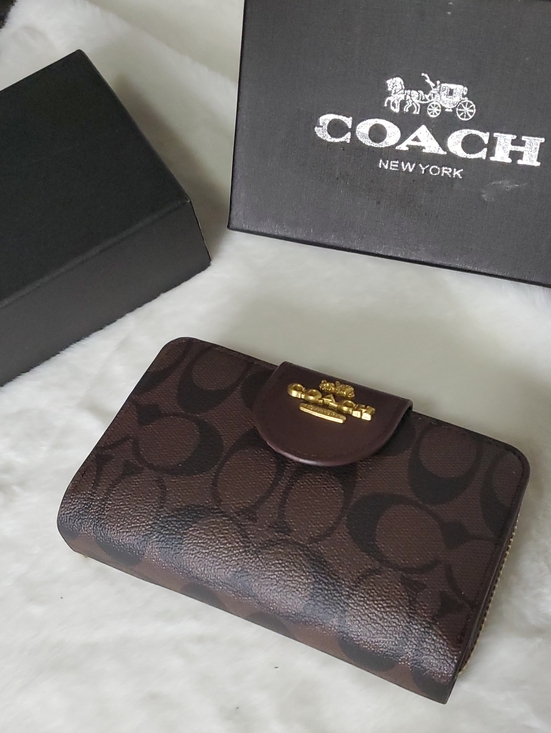 Coach Handbags - Coach Brown Signature Compact Wallet with Gold Accent